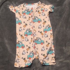 Peach Kids Short-Sleeve Footie Romper with Bunny & Car Print